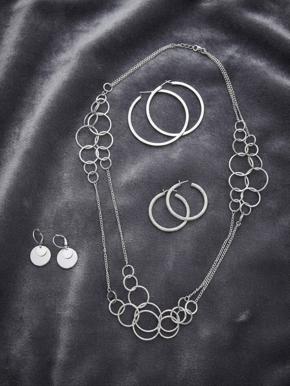 4-Piece Silver-Tone Jewelry Bundle - Interlocking Circle Necklace & Hoop Set CC